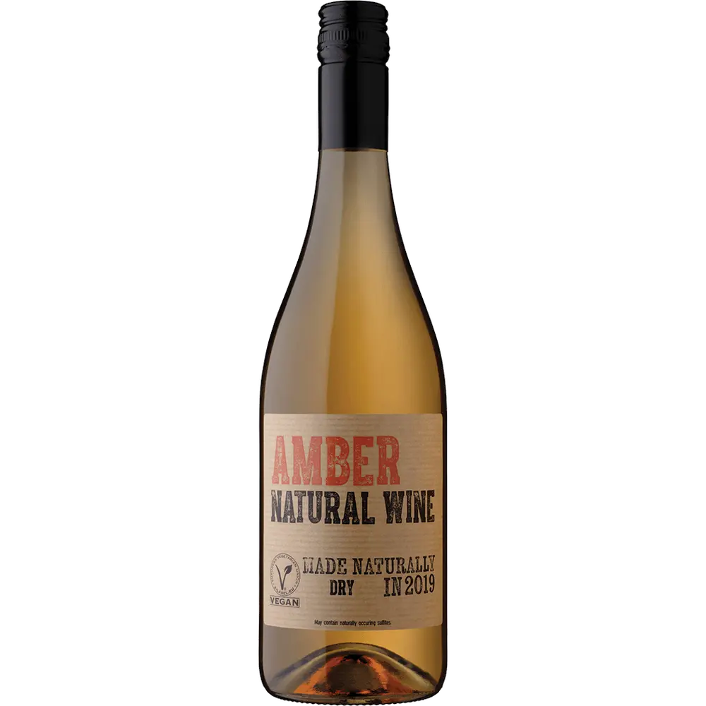 Bottle of amber natural wine with a label on a white background