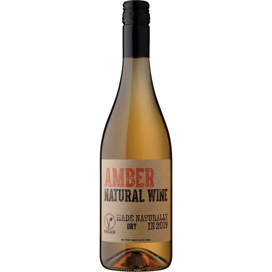 Bottle of amber natural wine with a label on a white background