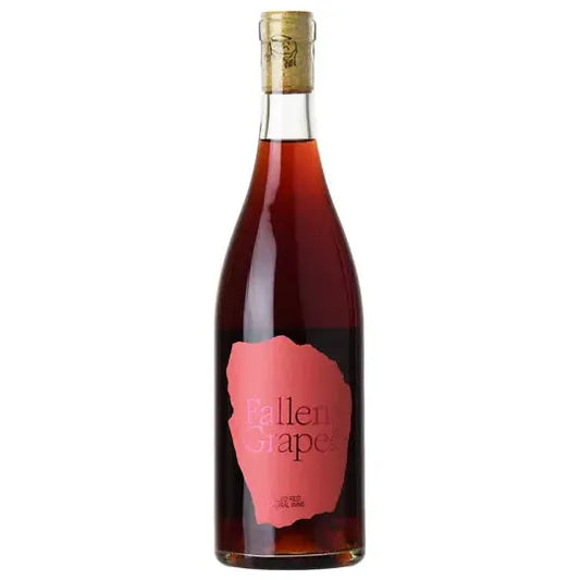 Bottle of Fallen Grape “Chilled Red” 2023 Natural Chillable Red Wine from Santa Barbara County, a slightly hazy red blend of Grenache and Grenache Blanc with a bold pink label and casual, low-intervention style.