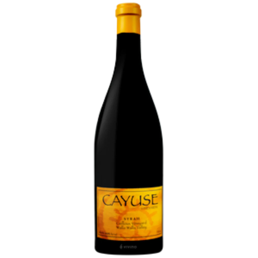 Bottle of 2009 Cayuse Armada Syrah – biodynamic Walla Walla red wine with dark color, notes of smoked meat, black olive, truffle, and iron-laced complexit