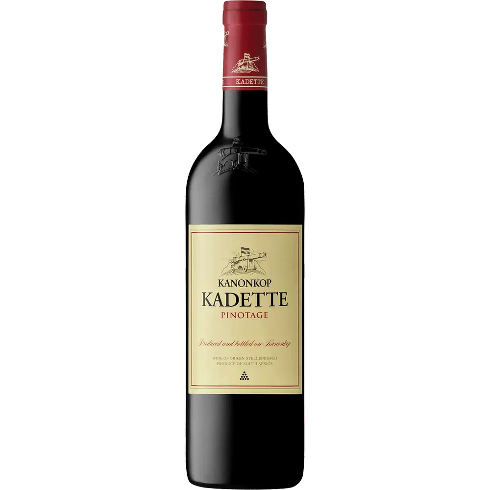 Bottle of Kanonkop Kadette Pinotage 2022 – top-rated South African Pinotage red wine from Stellenbosch, with ripe plum, spice, and smoky oak character.