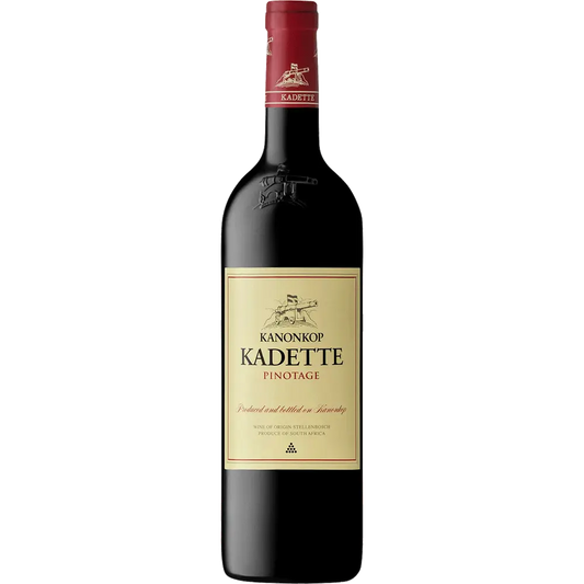 Bottle of Kanonkop Kadette Pinotage 2022 β top-rated South African Pinotage red wine from Stellenbosch, with ripe plum, spice, and smoky oak character.