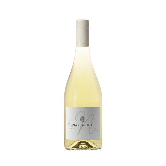 Bottle of Domaine de MasLauris Le N Blanc 2023 – an organic white blend from Luberon, France, with pale straw color, lemon zest, and sea spray notes, pictured on limestone with summer herbs.
