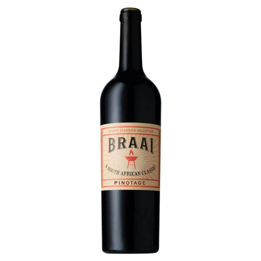 Bottle of Braai Pinotage 2021 surrounded by grilled meats and glowing coalsβSouth African red wine designed for BBQ.