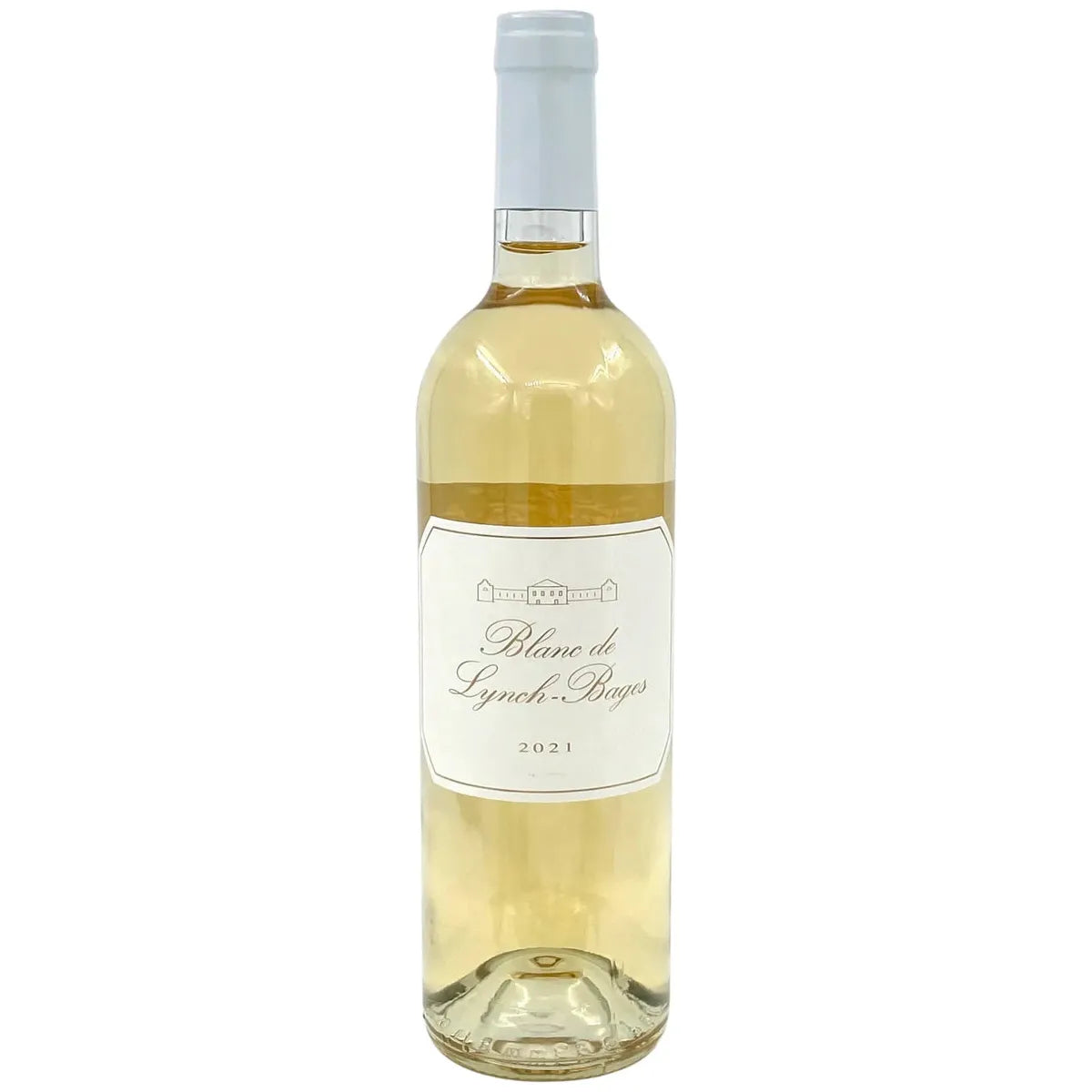 Bottle of Blanc de Lynch-Bages 2021 – Bordeaux Blanc from Château Lynch-Bages, with pale straw hue, elegant label, and a backdrop of citrus, stone fruit, and crushed limestone.