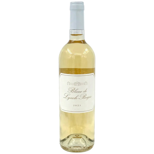Bottle of Blanc de Lynch-Bages 2021 – Bordeaux Blanc from Château Lynch-Bages, with pale straw hue, elegant label, and a backdrop of citrus, stone fruit, and crushed limestone.