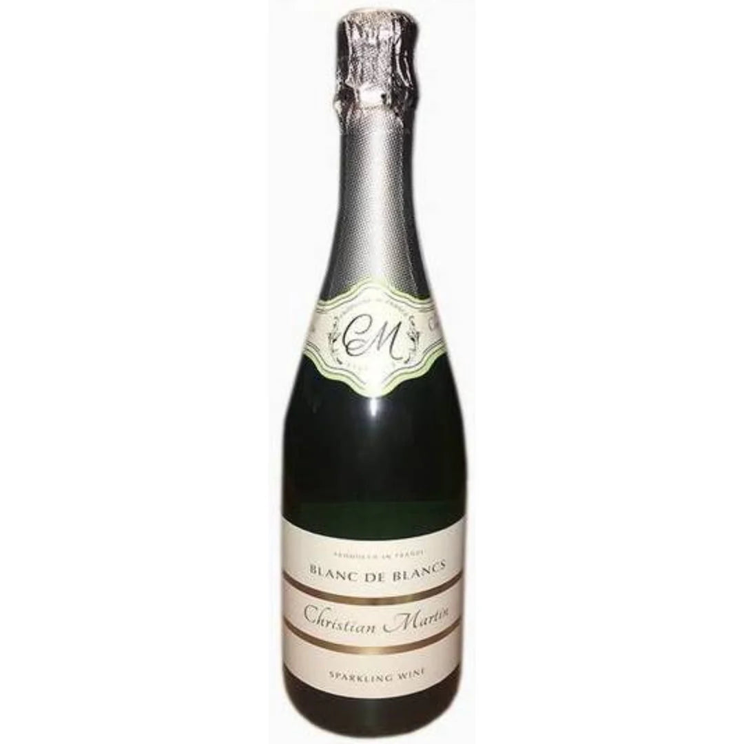 Bottle of Christian Martin Blanc de Blancs – brut sparkling wine made from 100% Chardonnay grapes in France, with fine bubbles and citrus freshness, displayed with lemon, white flowers, and flutes of fizz.