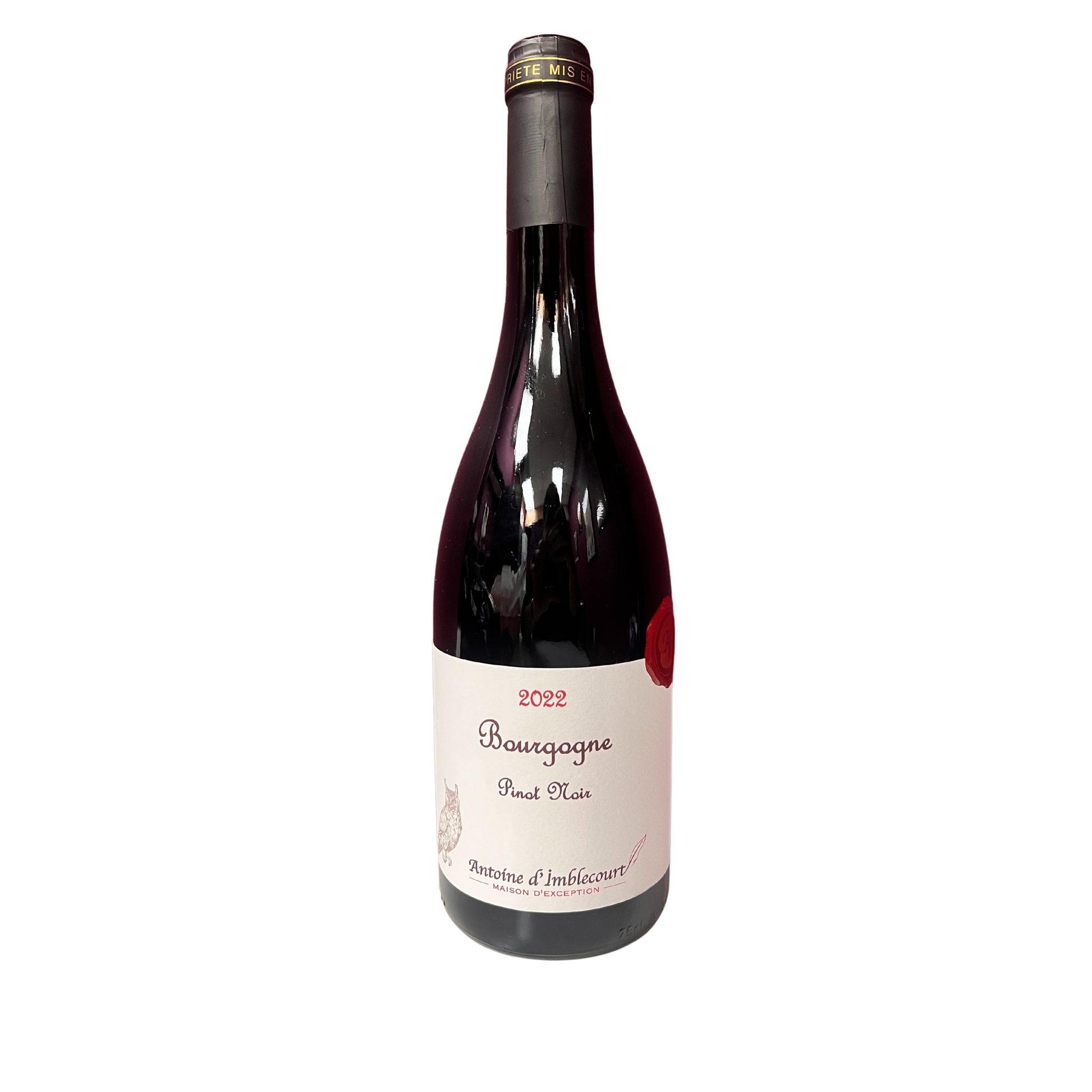 Bottle of Antoine d’Imblecourt Bourgogne Pinot Noir 2022 – light ruby red wine from Burgundy, surrounded by strawberries, herbs, and forest leaves on a rustic table.