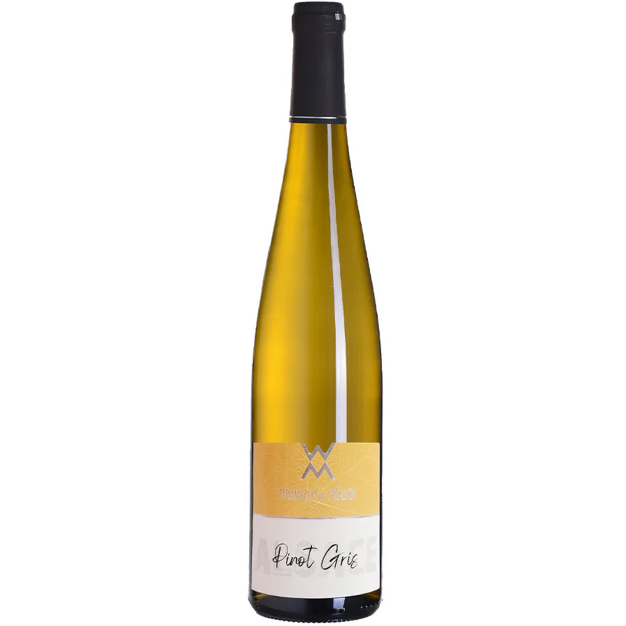 Bottle of Wunsch et Mann Pinot Gris 2022 – Alsace white wine with golden hue, surrounded by pears, almonds, and ginger, with mountain vineyard backdrop.