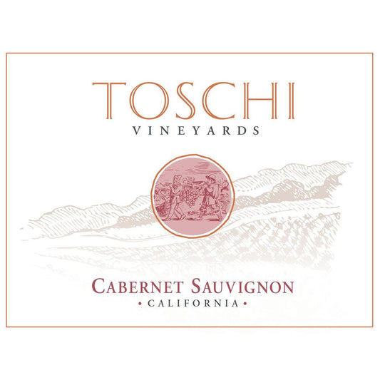 Toschi Vineyards Cabernet Sauvignon wine label with a decorative design on a white background