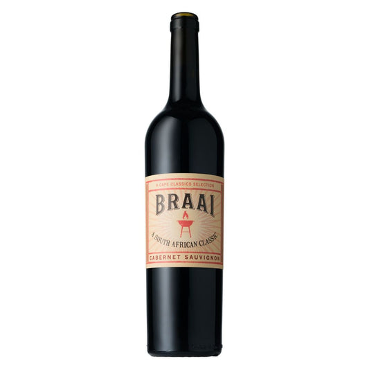 Bottle of Braai Cabernet Sauvignon 2023 β South African red wine for BBQ, surrounded by flames, grilled meats, and smoky herbs.