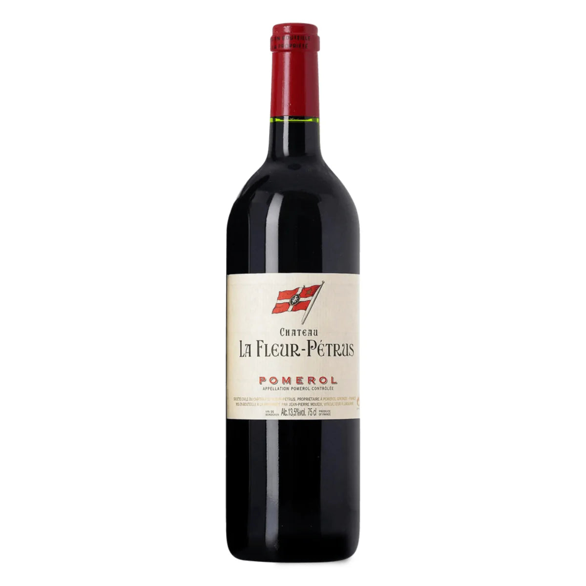Bottle of Château La Fleur-Pétrus 2016 – Bordeaux red blend with garnet color, aromas of truffle and blackberry, firm tannins, and a long, elegant finish from Pomerol.