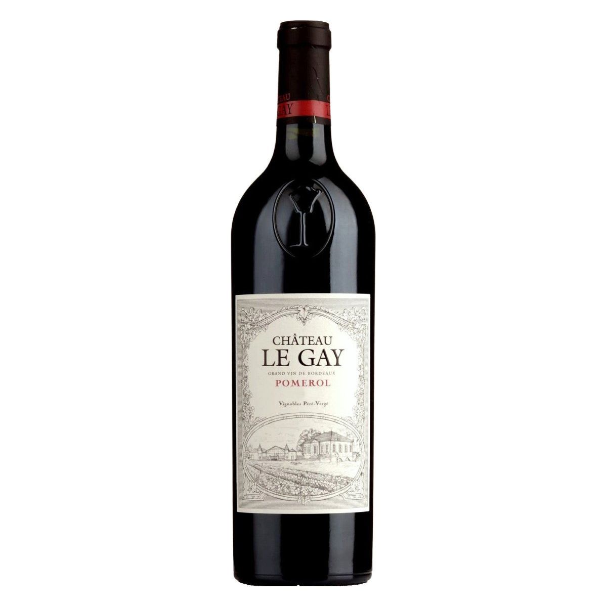 Bottle of Château Le Gay 2004 – Bordeaux red blend with deep ruby color, dark fruit, roasted meat, and graphite notes from Pomerol’s Right Bank.