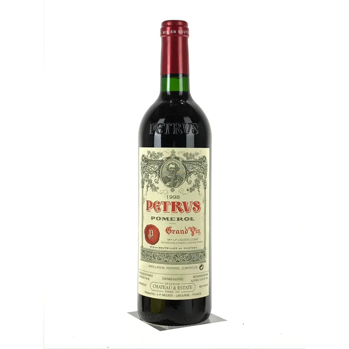 Bottle of Château Pétrus 1998 – rare aged Bordeaux Merlot with garnet color, earthy notes, dark fruit, and rich tannins from Pomerol’s blue clay terroir.
