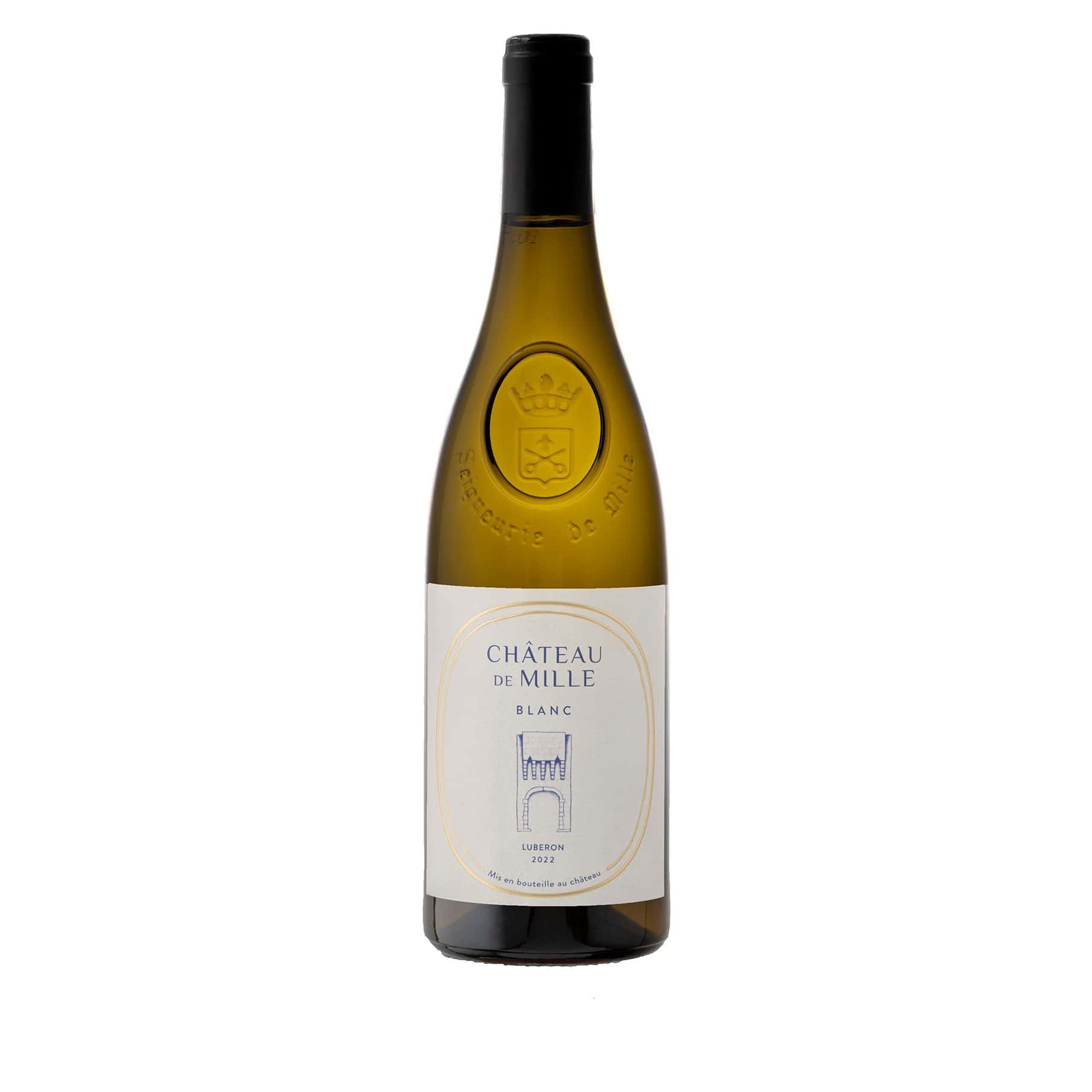 Bottle of Château de Mille Blanc 2023 from Luberon, Provence – organic white wine made from Clairette and Ugni Blanc, with citrus fruit, honeysuckle, and herbal notes, shot beside wildflowers and limestone soils.