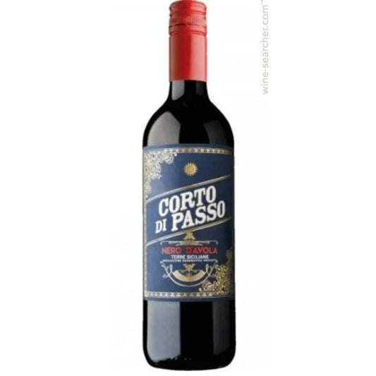 Bottle of Corto di Passo Nero d'Avola Appassimento 2022 with deep ruby color, crafted from sun-dried grapes, bursting with plum, spice, and Sicilian warmth.