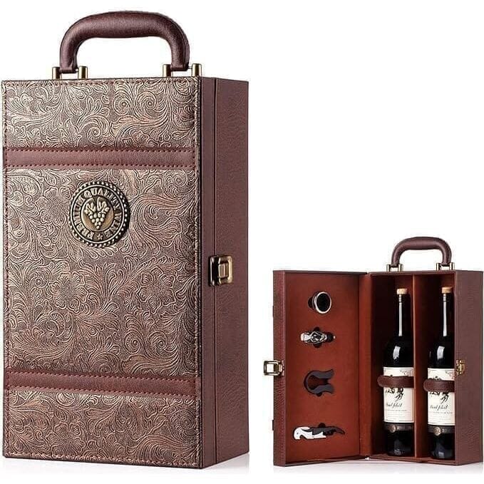Dim Gray Danmu 2-Bottle Wine Box with Leatherette Top Handle & 4 Wine Accessories Caná Wine Shop Accessories