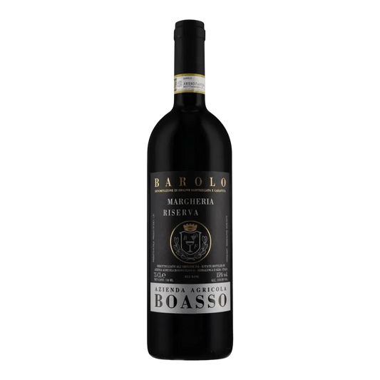 Bottle of Barolo Cru Vigna Margheria Riserva 2016 by Franco Boasso – deep ruby Nebbiolo from Serralunga d’Alba, Italy, showcasing intense red fruit, espresso, tar, graphite and firm tannins.