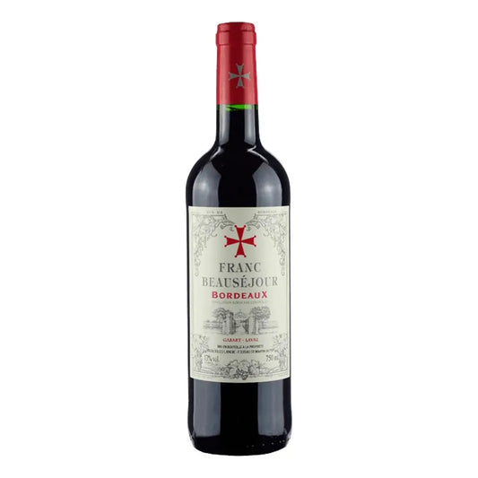 Bottle of Gabart-Laval Franc BeauSéjour Red 2022 Bordeaux wine with deep garnet color, elegant French label, and rich tasting notes of dark berries and spice.
