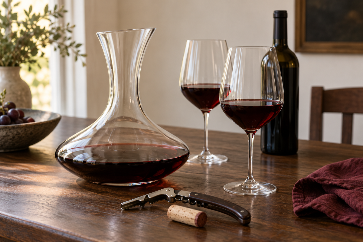 Wine decanter, glasses and corkscrew on a wooden table with burgundy linen