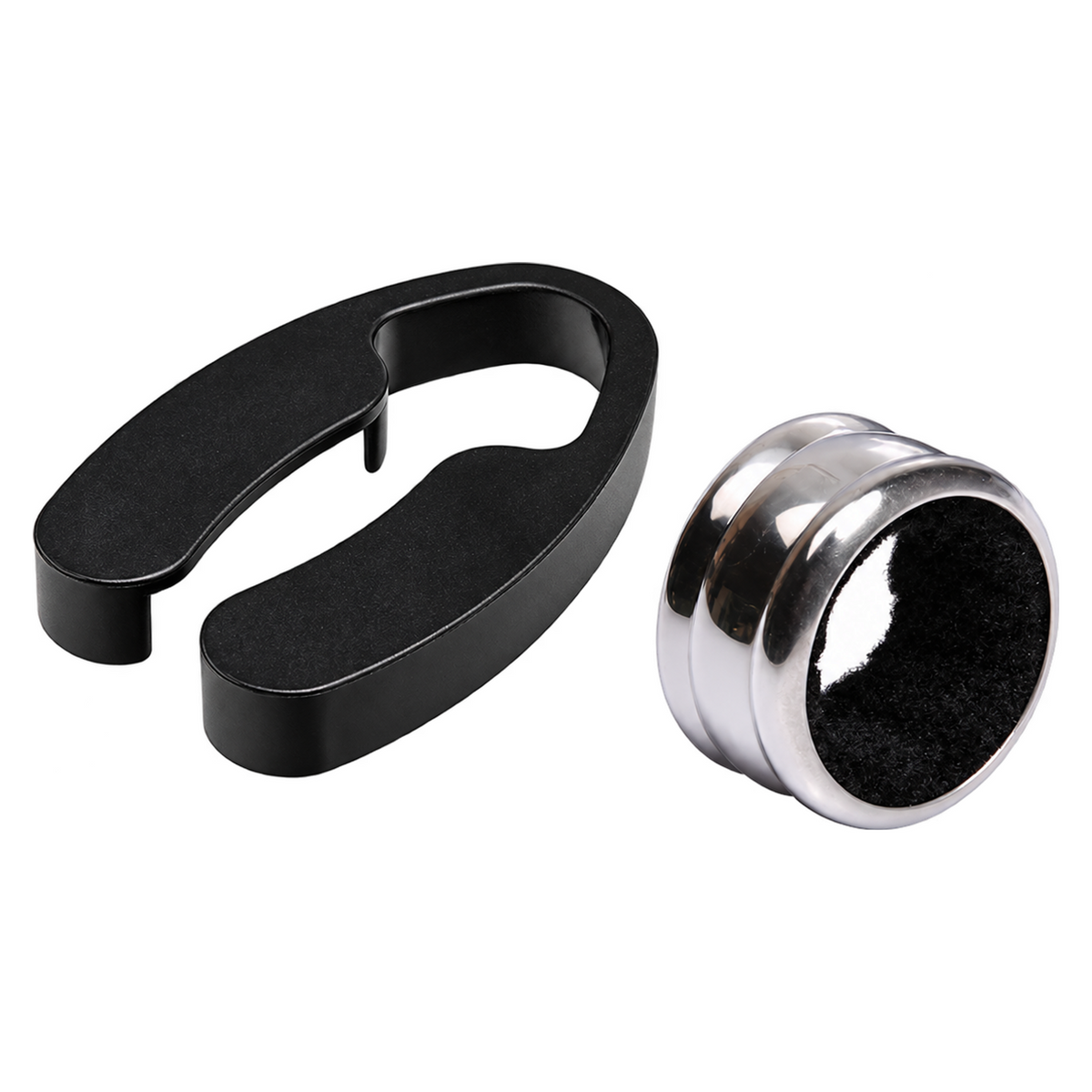 Wine Foil Cutter & Drip Ring Set — black foil cutter and polished silver drip ring with black interior, on white.