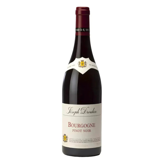 Bottle of Joseph Drouhin Bourgogne Rouge 2022 with bright ruby color, showing fresh red fruit aromas and elegant Pinot Noir finesse.