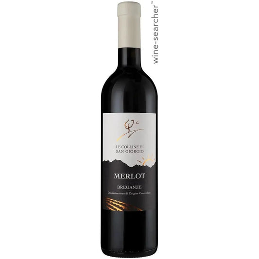 Bottle of Le Colline di San Giorgio Merlot Breganze 2022 with deep ruby color, showcasing aromas of marzipan, red cherries, and soft leather.