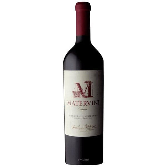 Bottle of Matervini Finca Malbec 2020 with deep ruby color, made from 1938 vines in Mendoza’s Perdriel region, rich in dark fruit and spice.
