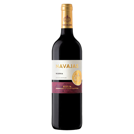 Bottle of Bodegas Navajas Tinto Reserva – classic Rioja red wine aged in oak, surrounded by dried cherries, tobacco leaves, and rustic textures.