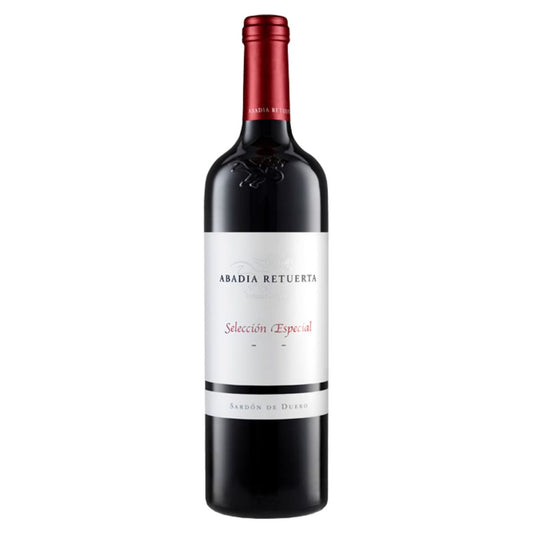Bottle of Abadía Retuerta Selección Especial 2019 – award-winning Spanish red blend from Sardón de Duero, pictured with deep garnet tones, forest herbs, and elegant oak detail.