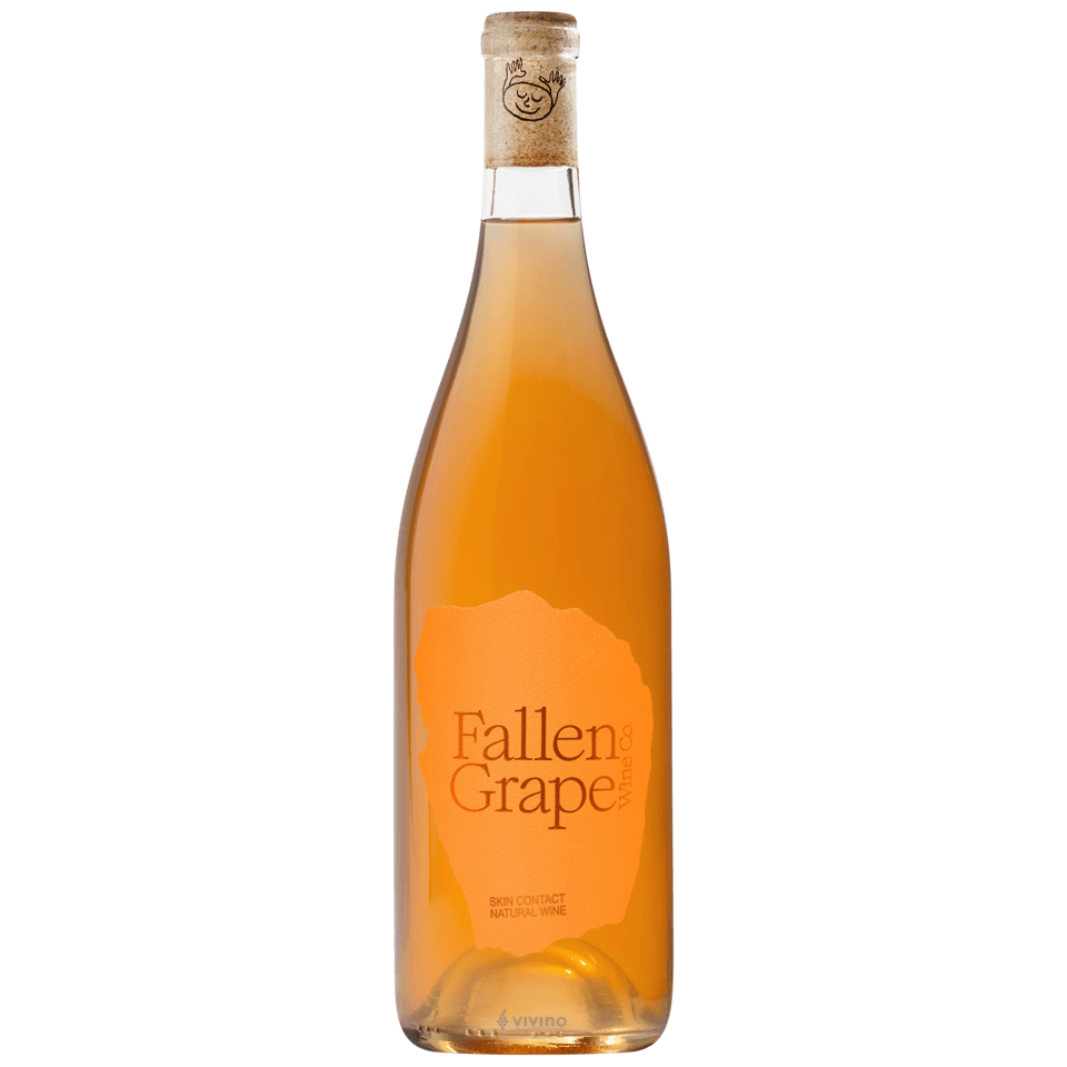 Bottle of Fallen Grape “Mother” 2021 Skin Contact Orange Wine from Santa Ynez Valley, featuring amber-hued natural wine made from Grenache Blanc, Riesling, and Sémillon, with a minimalist orange label and cork top.