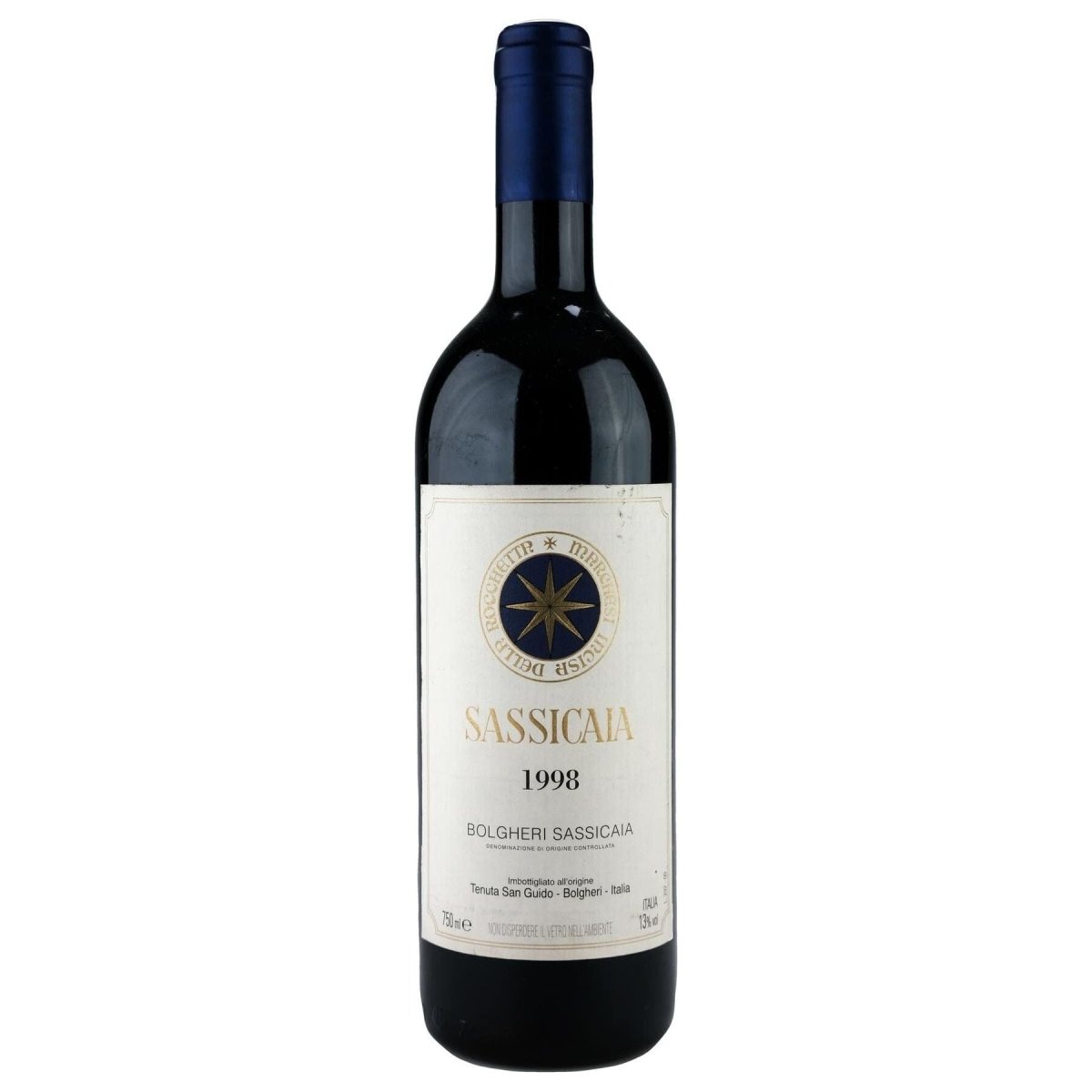 bottle of Tenuta San Guido Sassicaia 1998 Super Tuscan red wine with deep ruby color, elegant label, and complex aromas of currants, sage, and spice.