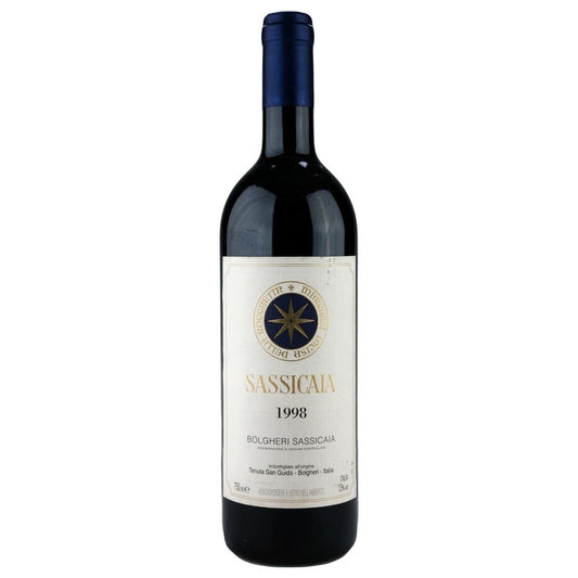bottle of Tenuta San Guido Sassicaia 1998 Super Tuscan red wine with deep ruby color, elegant label, and complex aromas of currants, sage, and spice.