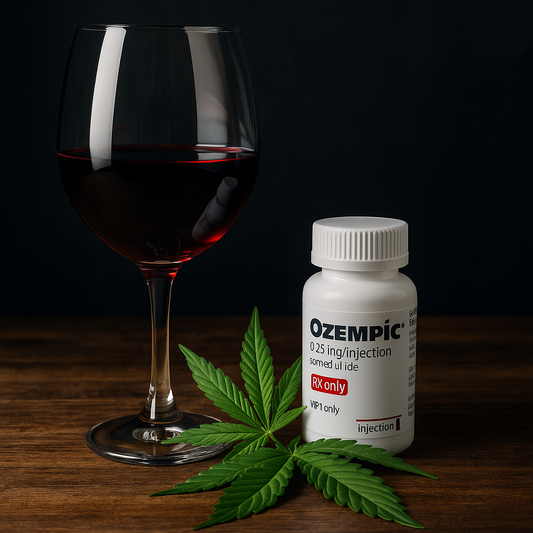 Wine glass on table with cannabis leaves and a prescription bottle labeled "Ozempic" in the background, symbolizing the clash of lifestyle trends in 2025.
