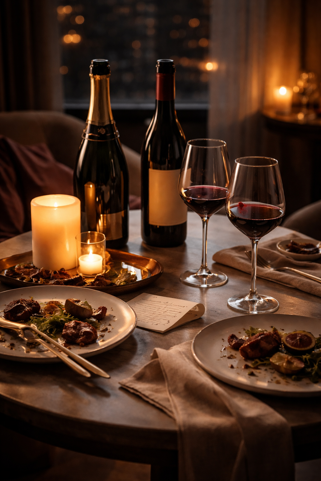 Two red wine glasses and bottles on a candlelit dinner table