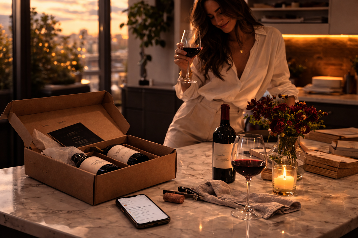 Woman holding red wine beside an open three-bottle case on a candlelit counter