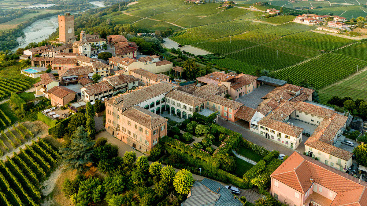 Aerial view of the Gaja estate and vineyards in Piedmont, Italy