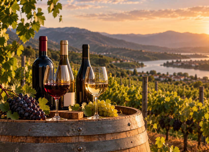 Wine bottles and glasses on an oak barrel overlooking vineyards
