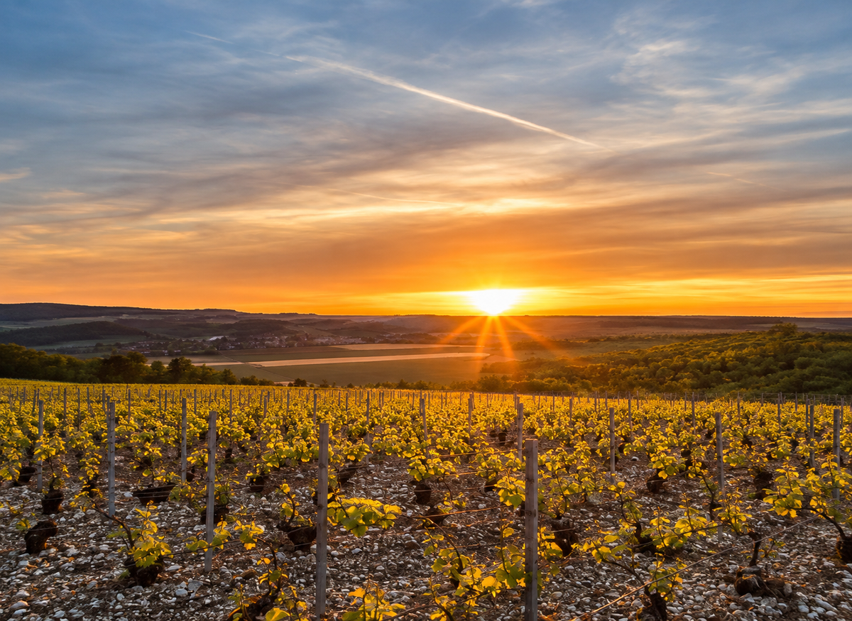Champagne Charles Collin vineyard at sunset