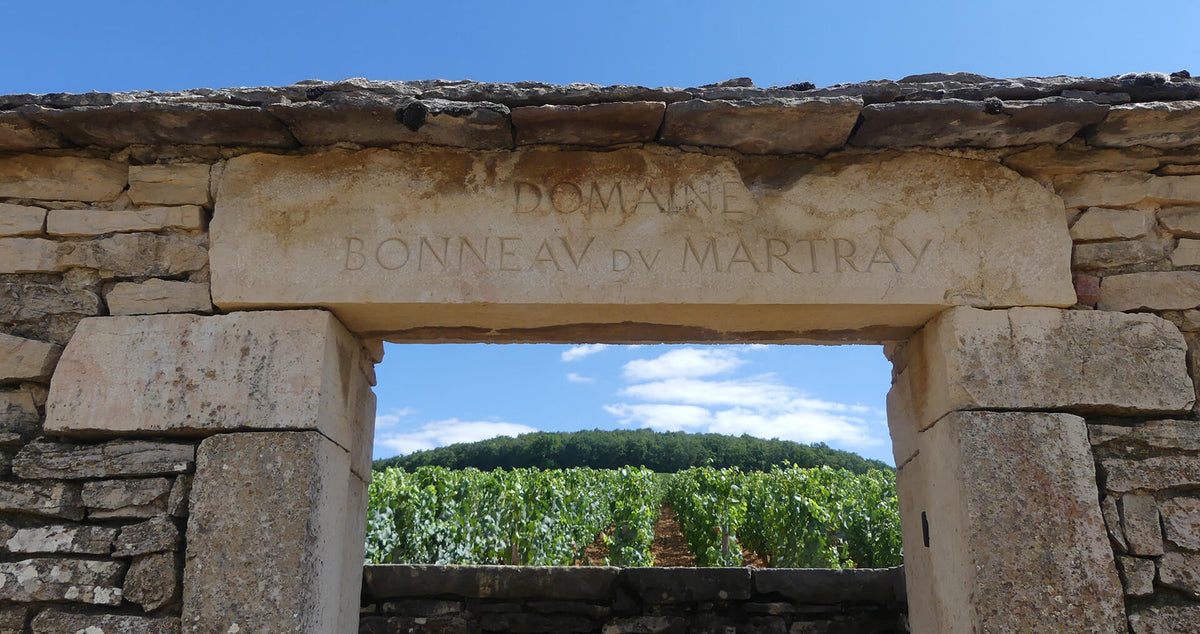 Stone gateway at Domaine Bonneau du Martray framing the Corton-Charlemagne vineyard — image via W-Vine