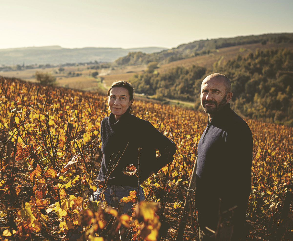 Caroline and Damien Colin in the vineyards of Domaine Marc Colin et Fils in Saint-Aubin, Burgundy — image courtesy of Domaine Marc Colin et Fils