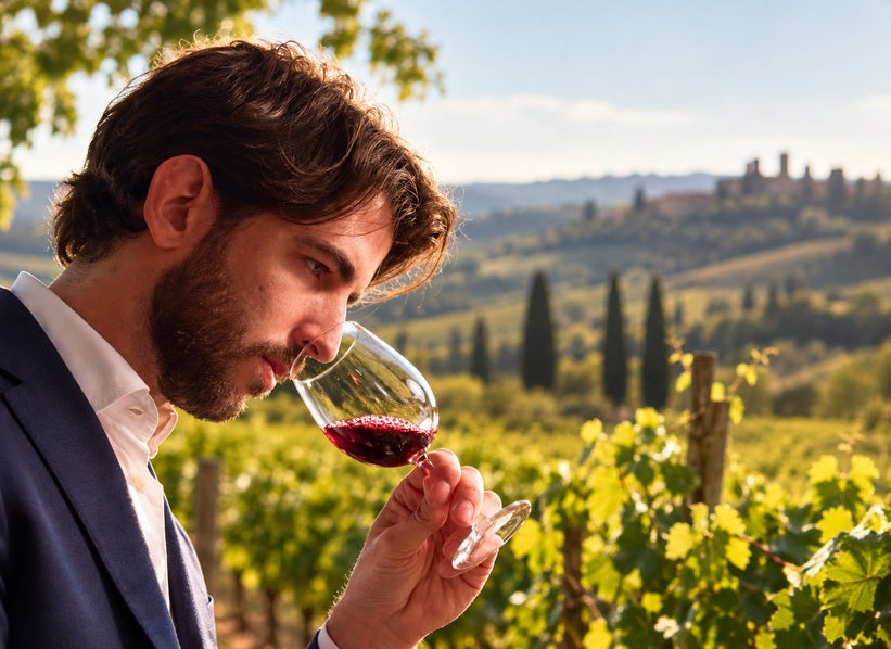 Editorial illustration of wine tasting among vineyards; not an estate photograph