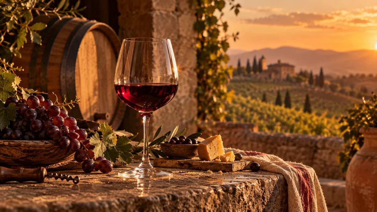 Red wine, oak barrel, grapes, and cheese on a vineyard terrace at sunset