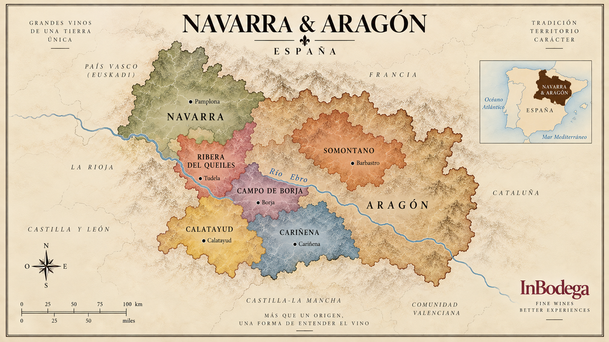 Vintage map of Navarra and Aragón in Spain highlighting Ribera del Queiles across both regions