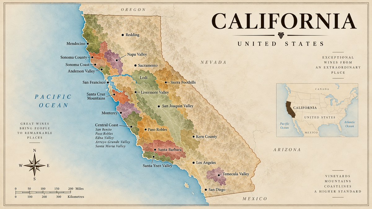Vintage map of California wine regions in the United States showing Napa Valley, Sonoma County, Anderson Valley, Santa Cruz Mountains and other major wine areas