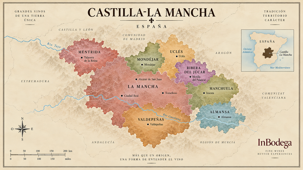 Vintage map of Castilla-La Mancha wine regions in Spain showing La Mancha, Méntrida, Uclés, Manchuela, Valdepeñas, Almansa and other wine areas