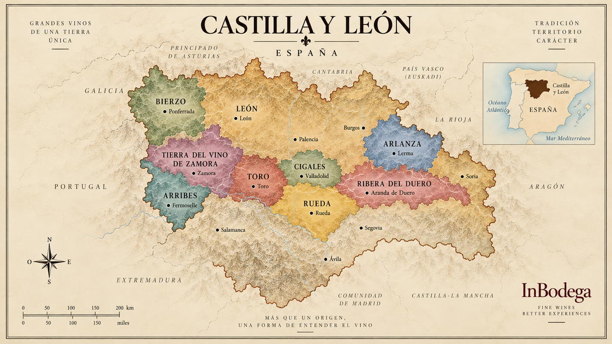 Vintage map of Castilla y León wine regions in Spain showing Bierzo, Ribera del Duero, Rueda, Toro and other major wine areas