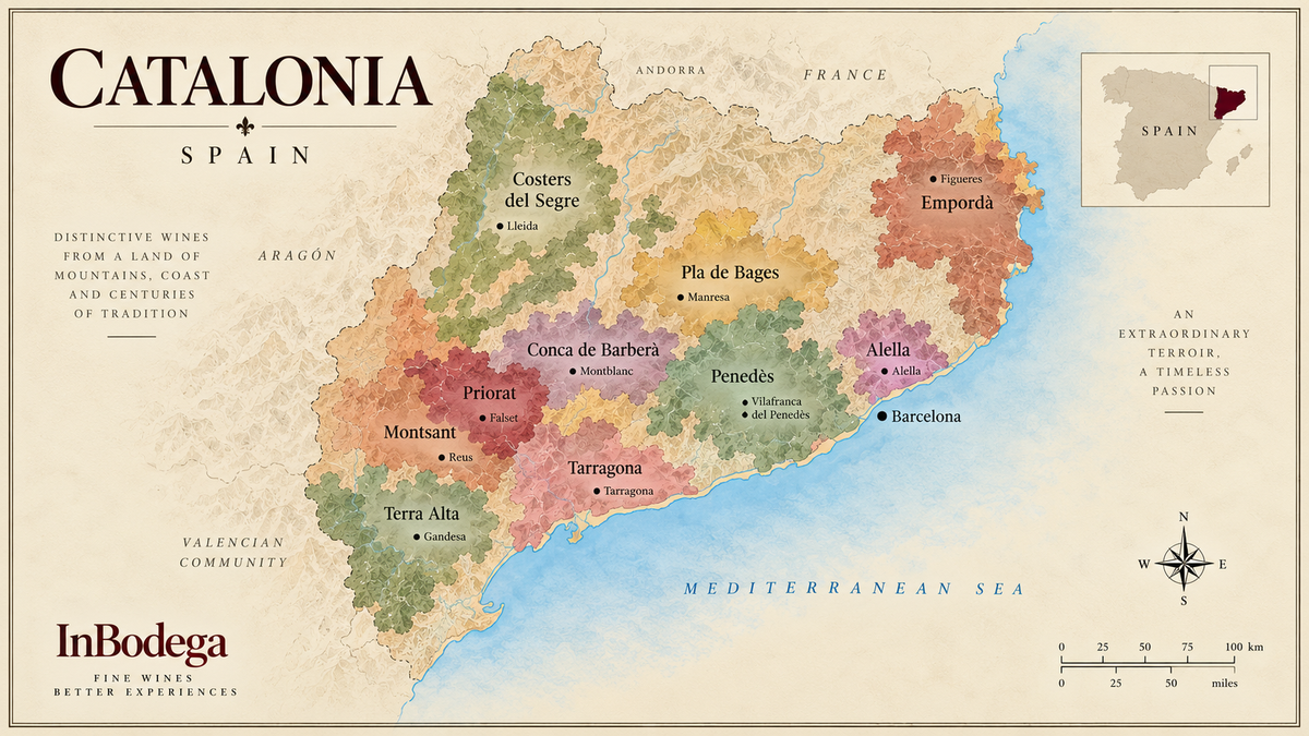 Vintage map of Catalonia wine regions in Spain showing Priorat, Penedès, Empordà, Terra Alta and other major wine areas