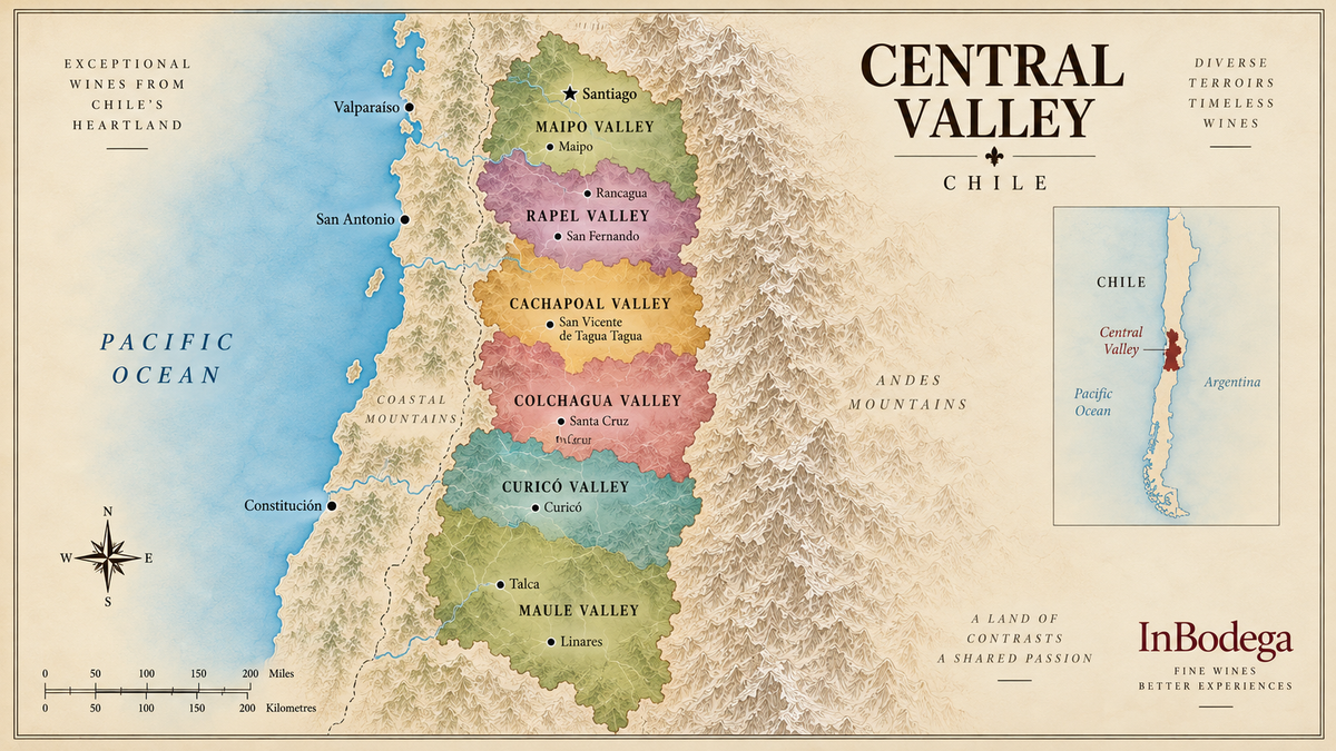 Vintage map of Chile's Central Valley wine region showing Maipo Valley, Rapel Valley, Cachapoal Valley, Colchagua Valley, Curicó Valley and Maule Valley