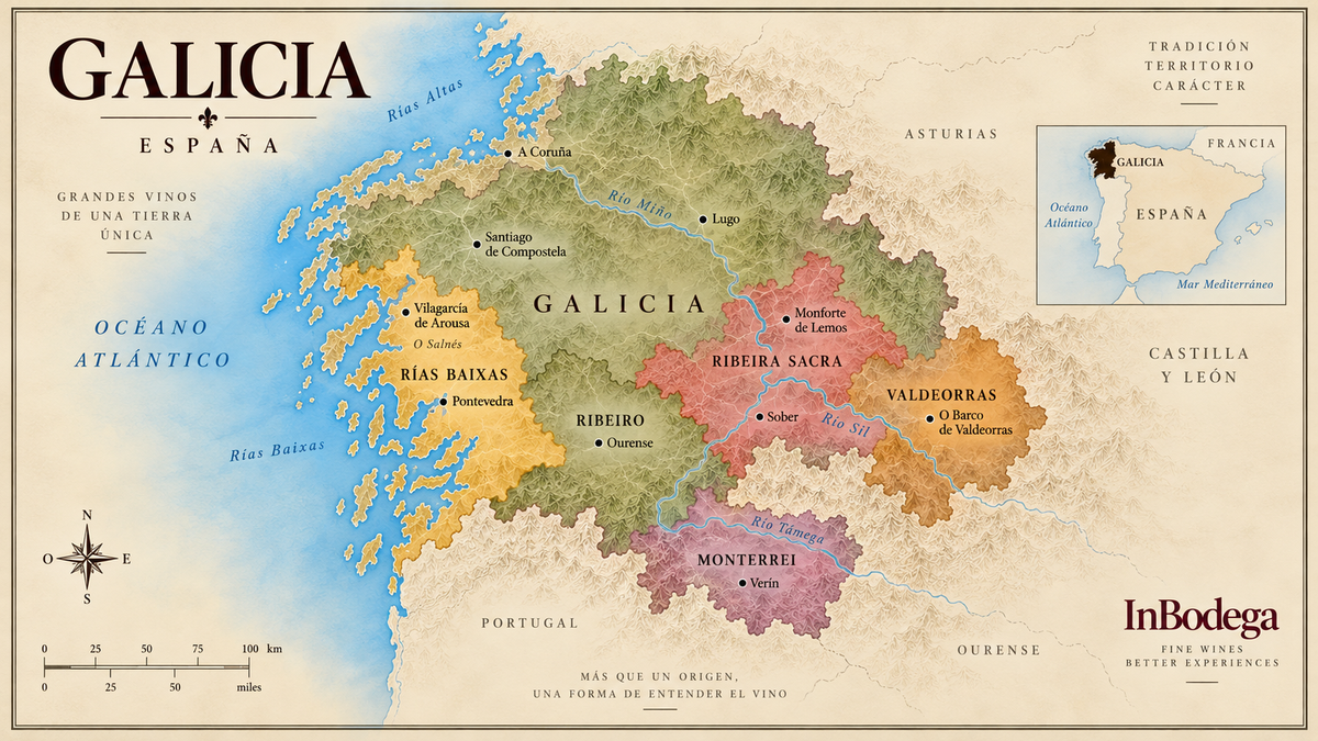 Vintage map of Galicia wine regions in Spain showing Rías Baixas, Ribeiro, Ribeira Sacra, Valdeorras and Monterrei
